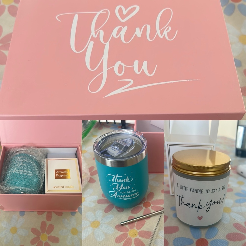 Thank You gift box with keychain, candle and wine tumblr